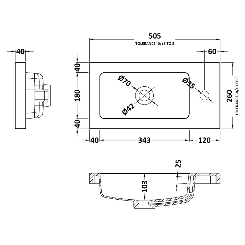 Technical drawing of a rectangular component with dimensions and tolerances