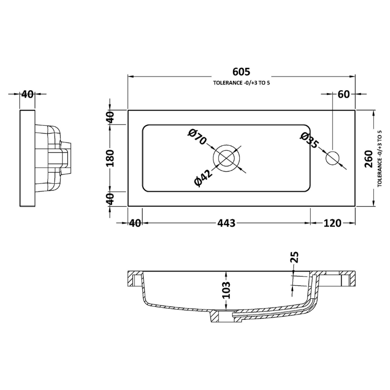 Technical drawing of a rectangular component with dimensions and tolerances
