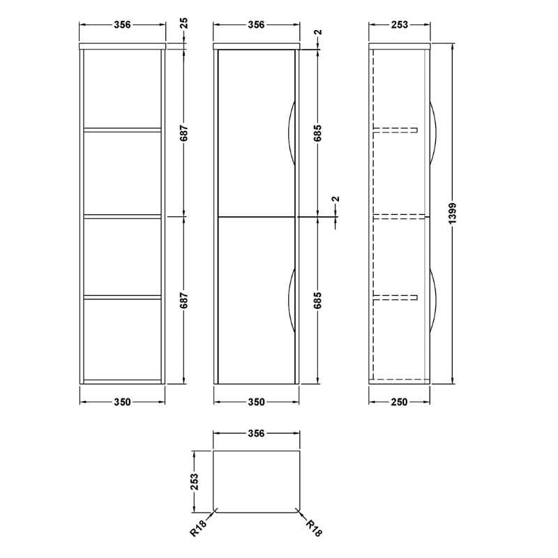 Nuie Parade Wall Hung 2 Door Tall Unit (1 size, 2 colours) - Brand New Bathrooms