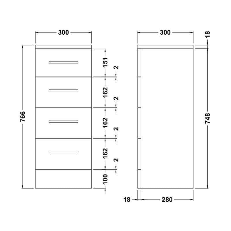 Nuie Mayford Floor Standing 4 Drawer Unit (2 sizes, Gloss White) - Brand New Bathrooms