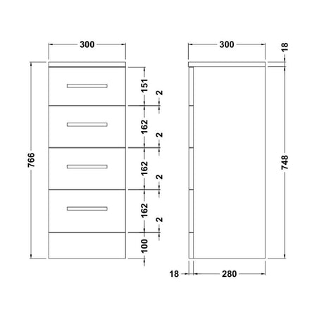 Nuie Mayford Floor Standing 4 Drawer Unit (2 sizes, Gloss White) - Brand New Bathrooms