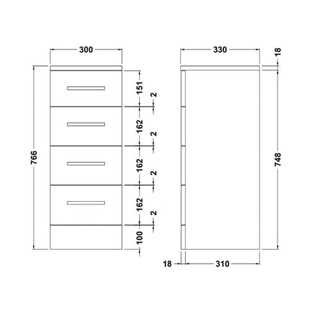 Nuie Mayford Floor Standing 4 Drawer Unit (2 sizes, Gloss White) - Brand New Bathrooms