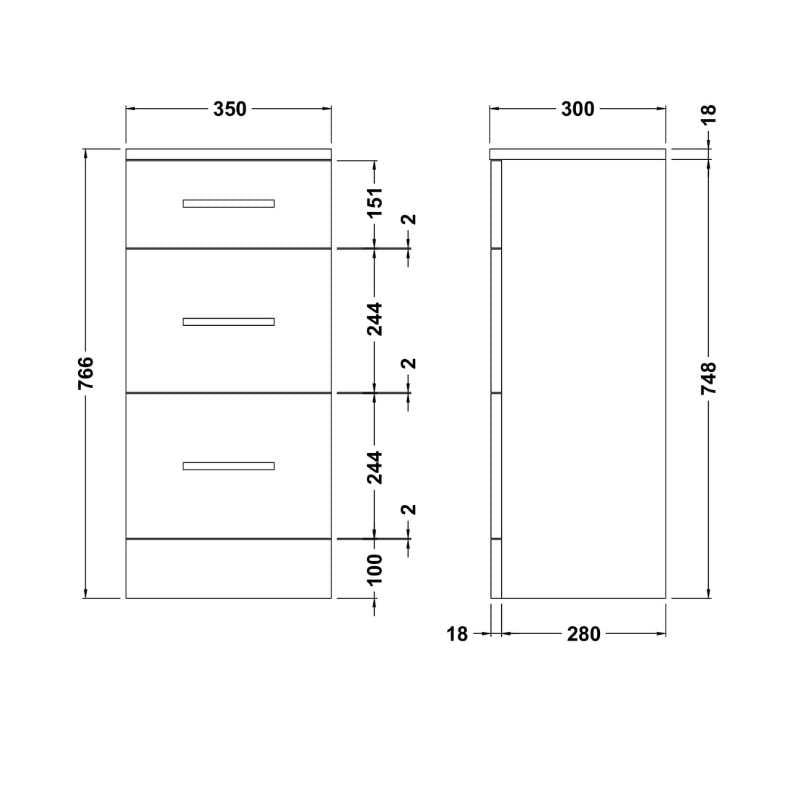Nuie Mayford Floor Standing 3 Drawer Unit (2 sizes, Gloss White) - Brand New Bathrooms
