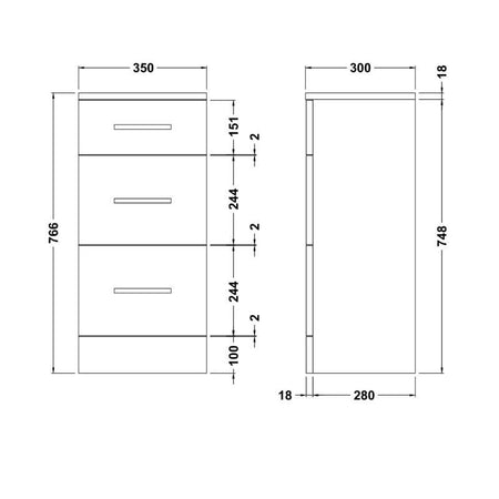 Nuie Mayford Floor Standing 3 Drawer Unit (2 sizes, Gloss White) - Brand New Bathrooms