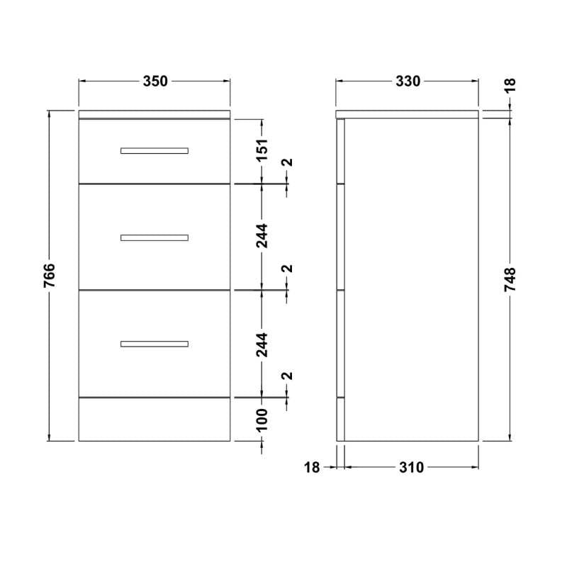 Nuie Mayford Floor Standing 3 Drawer Unit (2 sizes, Gloss White) - Brand New Bathrooms