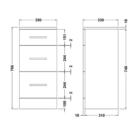 Nuie Mayford Floor Standing 3 Drawer Unit (2 sizes, Gloss White) - Brand New Bathrooms