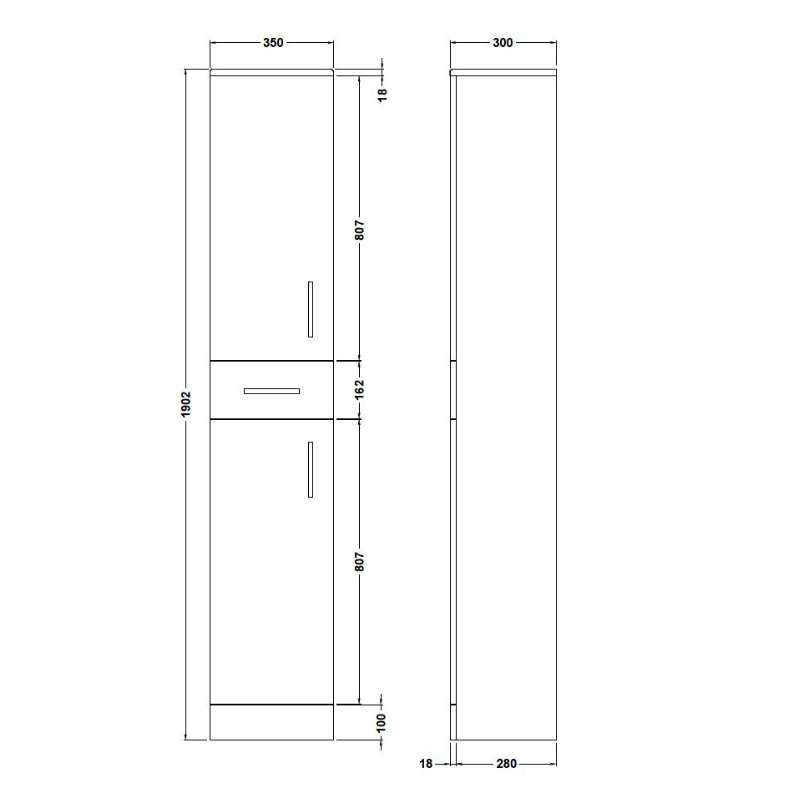 Nuie Mayford Floor Standing 2 Door 1 Drawer Tall Unit (2 sizes, Gloss White) - Brand New Bathrooms