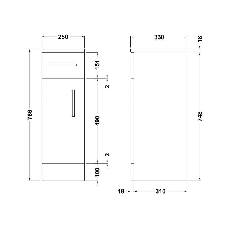 Nuie Mayford Floor Standing Single Door and Drawer Cupboard (2 sizes, Gloss White) - Brand New Bathrooms