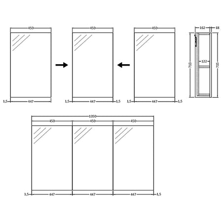Hudson Reed Quartet Wall Hung Triple Door 1350mm Mirror Cabinet (1 size, 3 colours) - Brand New Bathrooms