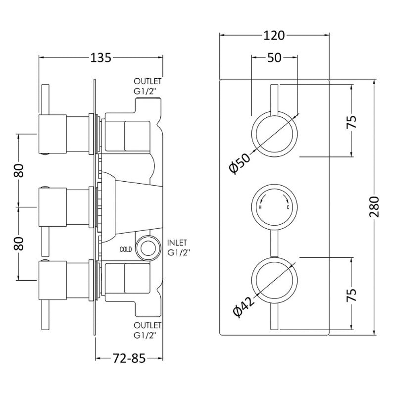 Nuie Round Showers Triple Thermostatic Shower Valve (1 size, Chrome) - Brand New Bathrooms