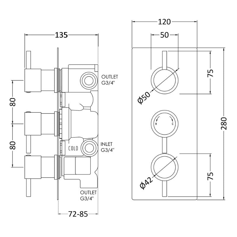 Nuie Round Showers Triple Thermostatic Shower Valve With Diverter (1 size, Chrome) - Brand New Bathrooms