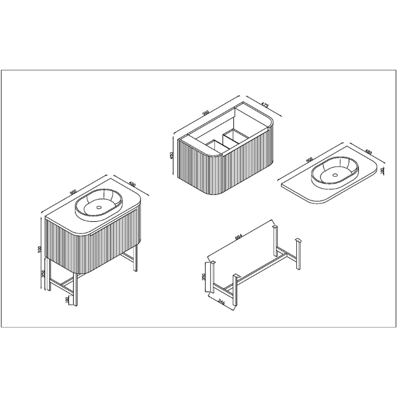 Scudo Linea Curve Fluted 900mm Wall Mounted Basin Unit (1 size, 3 colours) - Brand New Bathrooms