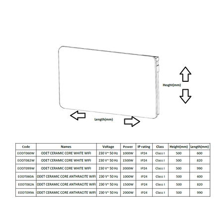 Reina Odet Horizontal Electric Ceramic Core WiFi Radiator (3 sizes, 2 colours) - Brand New Bathrooms