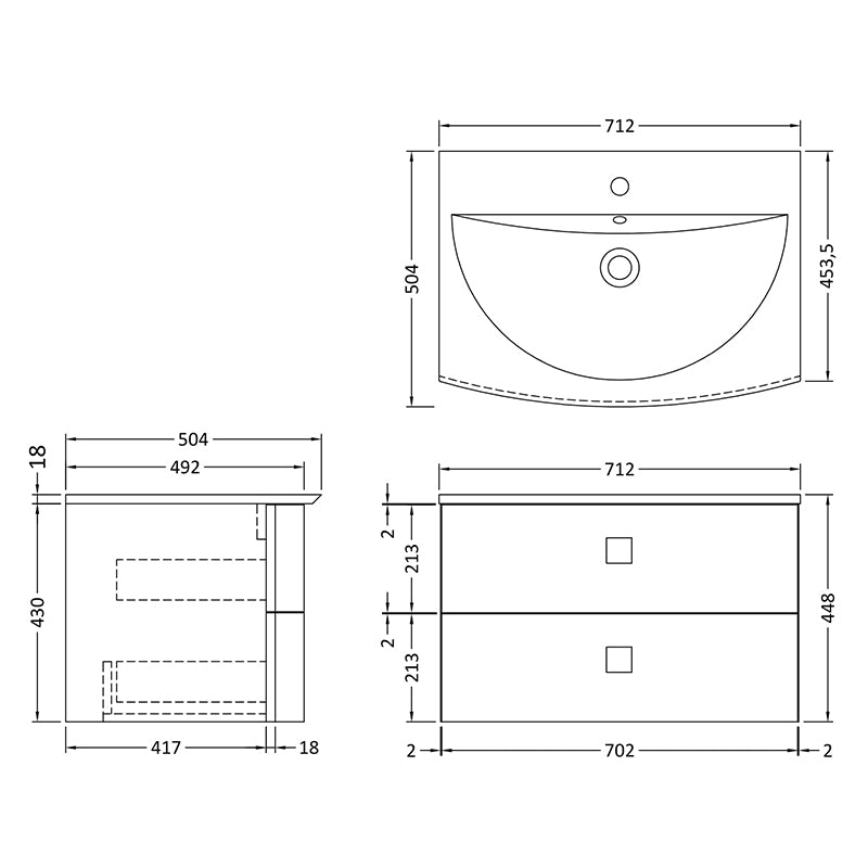 Hudson Reed Sarenna Wall Hung Double Drawer 700mm Vanity Unit with Polymarble Basin (1 size, 3 colours) - Brand New Bathrooms
