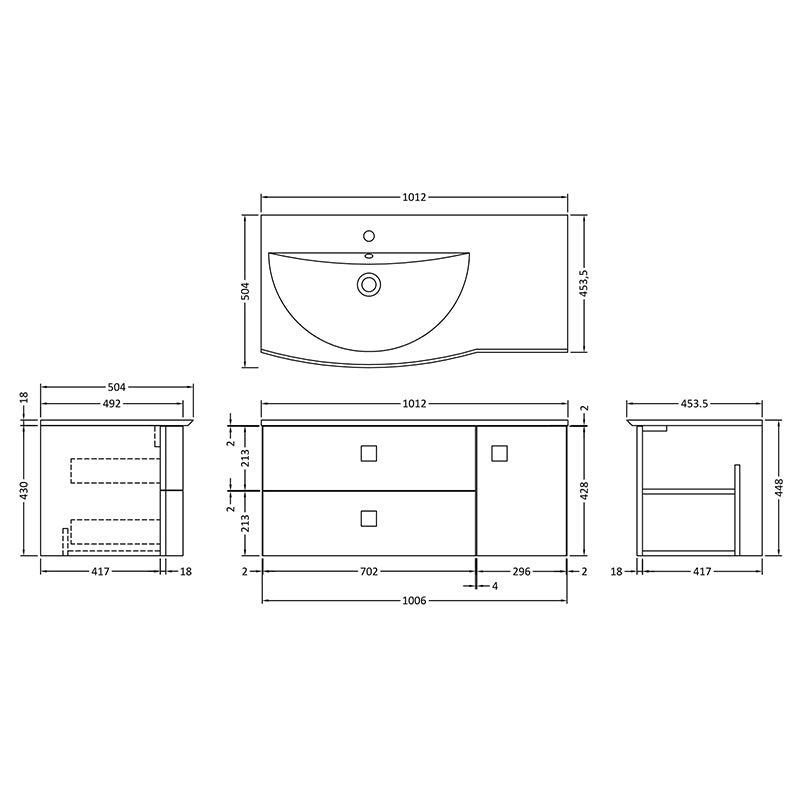 Hudson Reed Sarenna Wall Hung Left Hand Double Drawer Single Door 1000mm Vanity Unit with Polymarble Basin (1 size, 3 colours) - Brand New Bathrooms