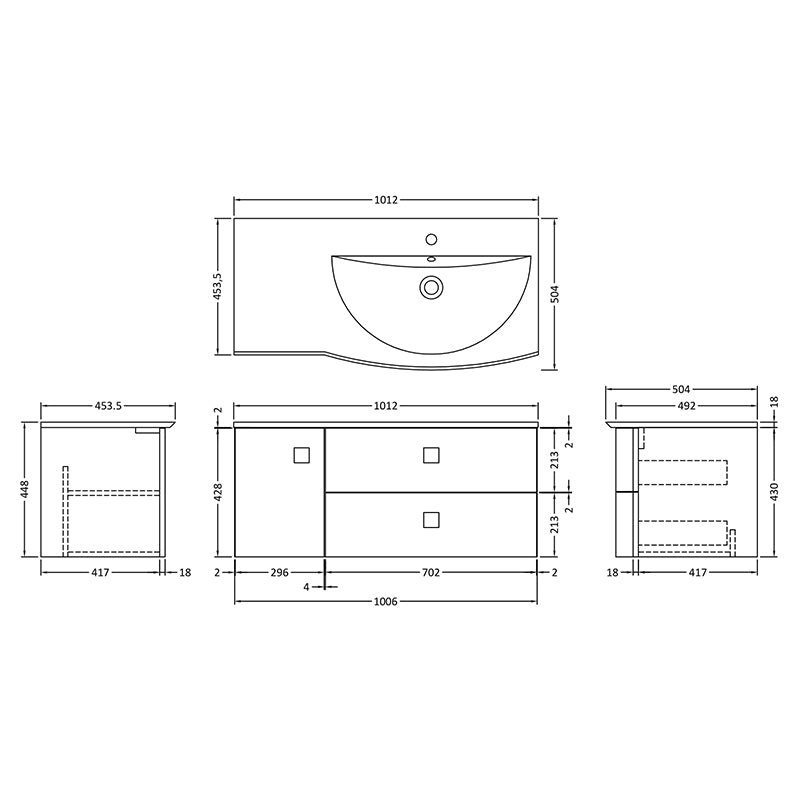 Hudson Reed Sarenna Wall Hung Right Hand Double Drawer Single Door 1000mm Vanity Unit with Polymarble Basin (1 size, 3 colours) - Brand New Bathrooms
