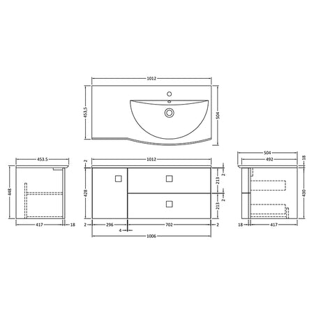 Hudson Reed Sarenna Wall Hung Right Hand Double Drawer Single Door 1000mm Vanity Unit with Polymarble Basin (1 size, 3 colours) - Brand New Bathrooms