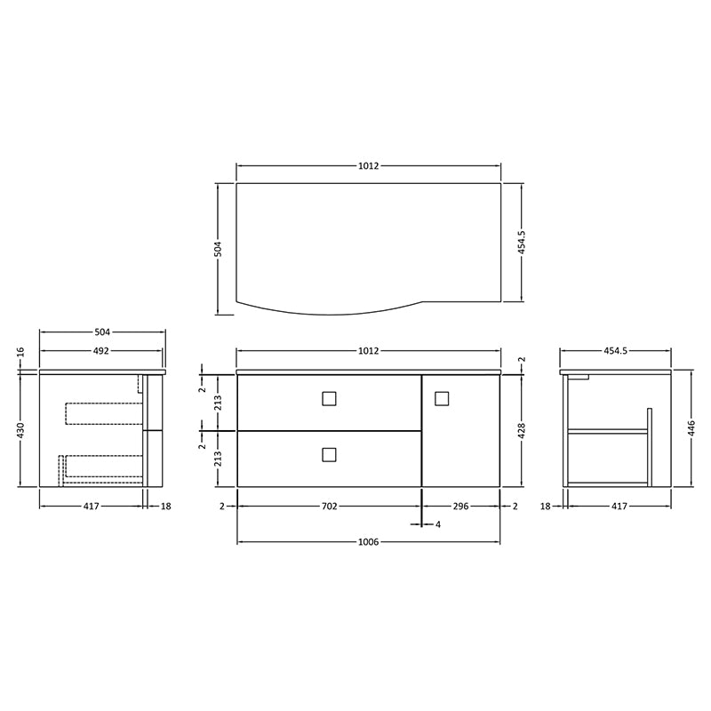 Hudson Reed Sarenna Wall Hung Left Hand Double Drawer Single Door 1000mm Vanity Unit with Grey Marble Top (1 size, 3 colours) - Brand New Bathrooms