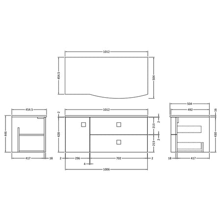 Hudson Reed Sarenna Wall Hung Right Hand Double Drawer Single Door 1000mm Vanity Unit with Grey Marble Top (1 size, 3 colours) - Brand New Bathrooms