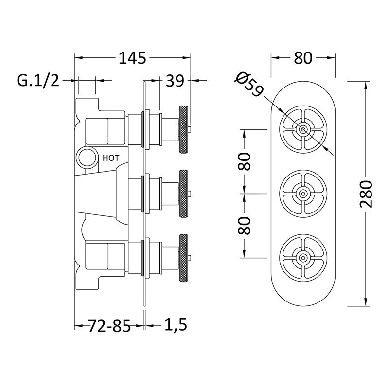 Hudson Reed Industrial Triple Valves (2 styles, Chrome) - Brandnew Bathroom