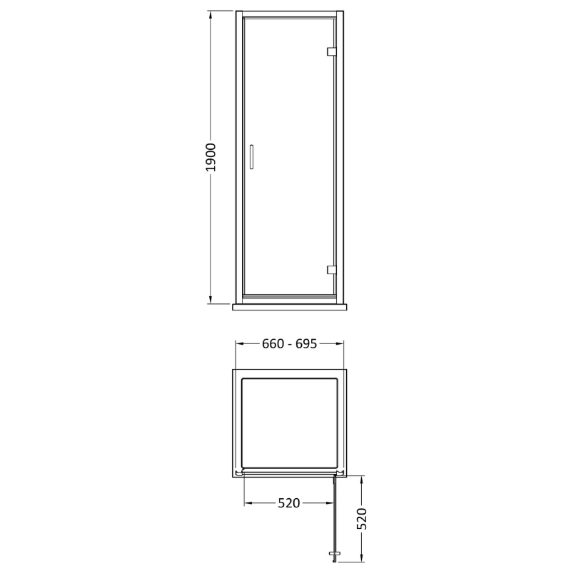 Technical drawing of a door with dimensions labeled