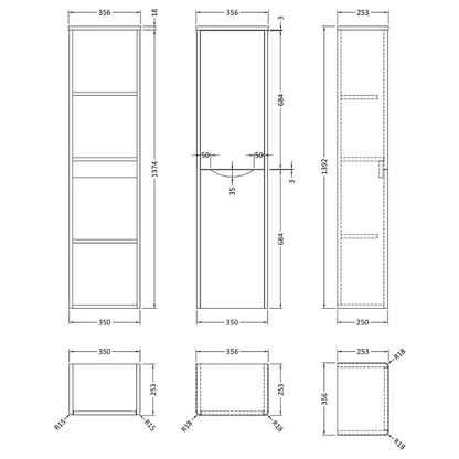 Nuie Lunar Wall Hung Double Door 356mm wide Tall Boy Unit (1 size, 5 colours) - Brand New Bathrooms