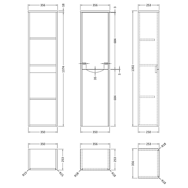 Nuie Lunar Wall Hung Double Door 356mm wide Tall Boy Unit (1 size, 5 colours) - Brand New Bathrooms