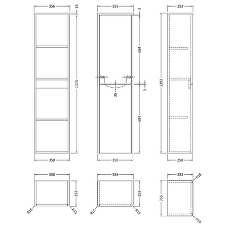 Nuie Lunar Wall Hung Double Door 356mm wide Tall Boy Unit (1 size, 5 colours) - Brand New Bathrooms