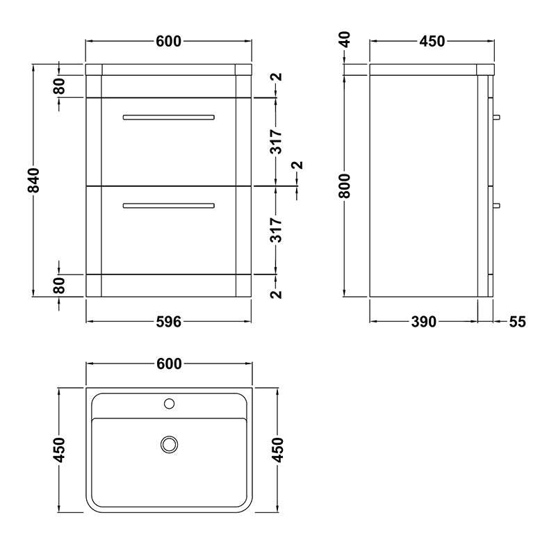 Hudson Reed Solar Floor Standing Double Drawer 600mm Vanity Unit with Polymarble Basin (1 size, 4 colours) - Brand New Bathrooms