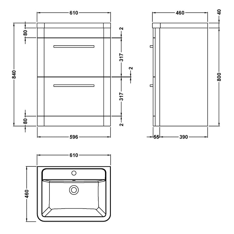 Hudson Reed Solar Floor Standing Double Drawer 600mm Vanity Unit with Ceramic Basin (1 size, 3 colours) - Brand New Bathrooms