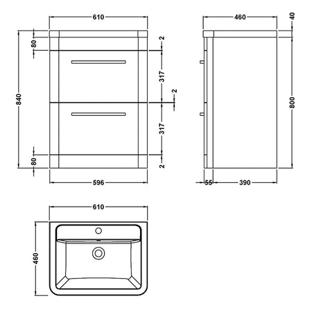 Hudson Reed Solar Floor Standing Double Drawer 600mm Vanity Unit with Ceramic Basin (1 size, 3 colours) - Brand New Bathrooms