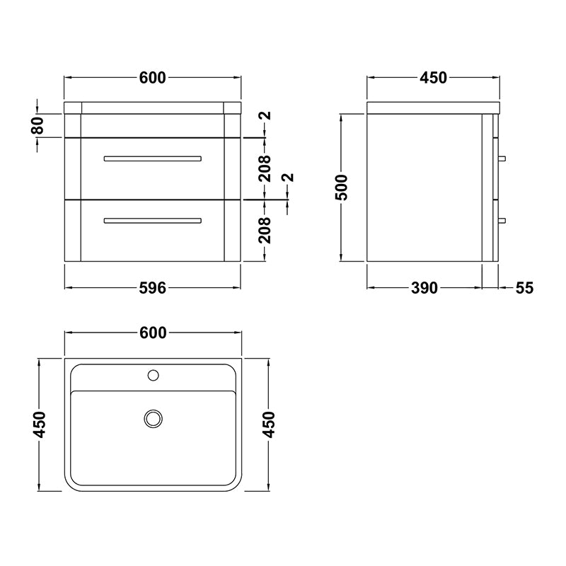 Hudson Reed Solar Wall Hung Double Drawer 600mm Vanity Unit with Polymarble Basin (1 size, 4 colours) - Brand New Bathrooms