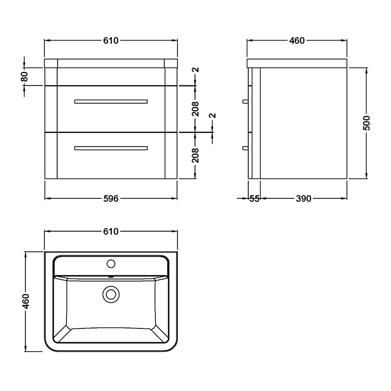 Hudson Reed Solar Wall Hung Double Drawer 600mm Vanity Unit with Ceramic Basin (1 size, 4 colours) - Brand New Bathrooms