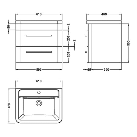 Hudson Reed Solar Wall Hung Double Drawer 600mm Vanity Unit with Ceramic Basin (1 size, 4 colours) - Brand New Bathrooms