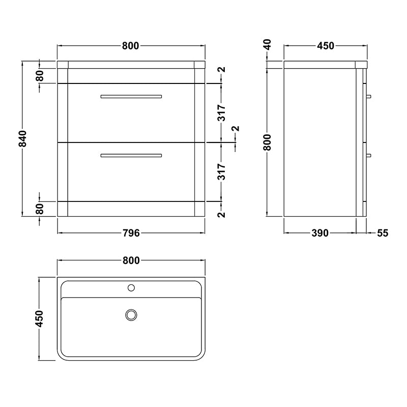 Hudson Reed Solar Floor Standing Double Drawer 800mm Vanity Unit with Polymarble Basin (1 size, 4 colours) - Brand New Bathrooms