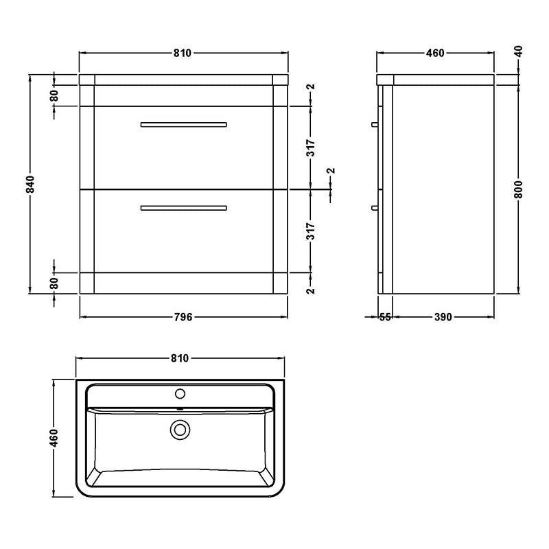 Hudson Reed Solar Floor Standing Double Drawer 800mm Vanity Unit with Ceramic Basin (1 size, 4 colours) - Brand New Bathrooms