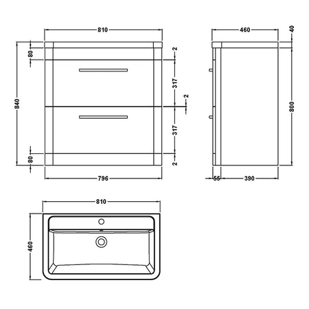 Hudson Reed Solar Floor Standing Double Drawer 800mm Vanity Unit with Ceramic Basin (1 size, 4 colours) - Brand New Bathrooms