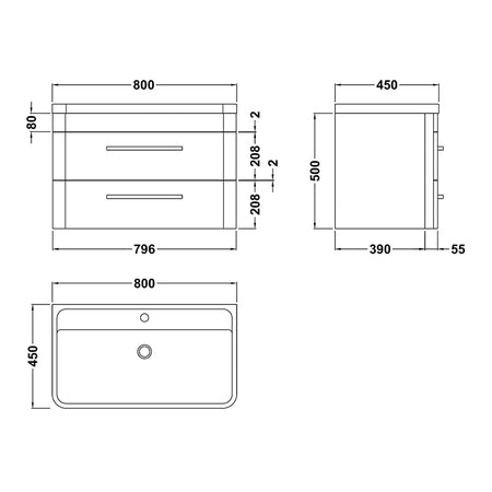 Hudson Reed Solar Wall Hung Double Drawer 800mm Vanity Unit with Polymarble Basin (1 size, 4 colours) - Brand New Bathrooms