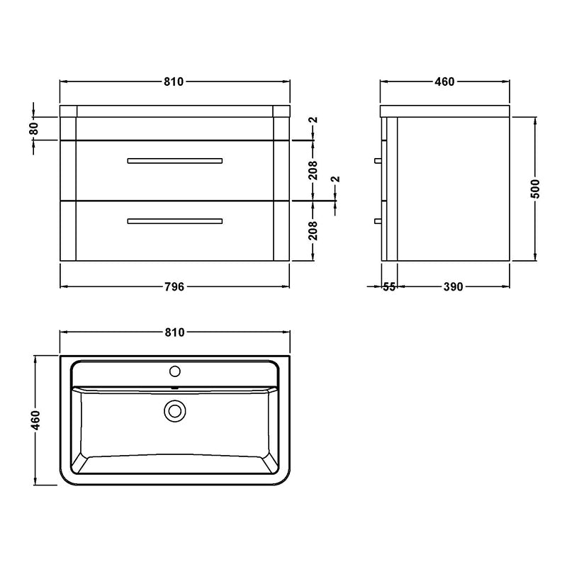 Hudson Reed Solar Wall Hung Double Drawer 800mm Vanity Unit with Ceramic Basin (1 size, 4 colours) - Brand New Bathrooms