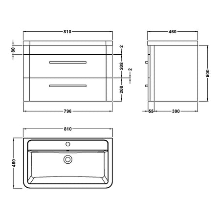 Hudson Reed Solar Wall Hung Double Drawer 800mm Vanity Unit with Ceramic Basin (1 size, 4 colours) - Brand New Bathrooms