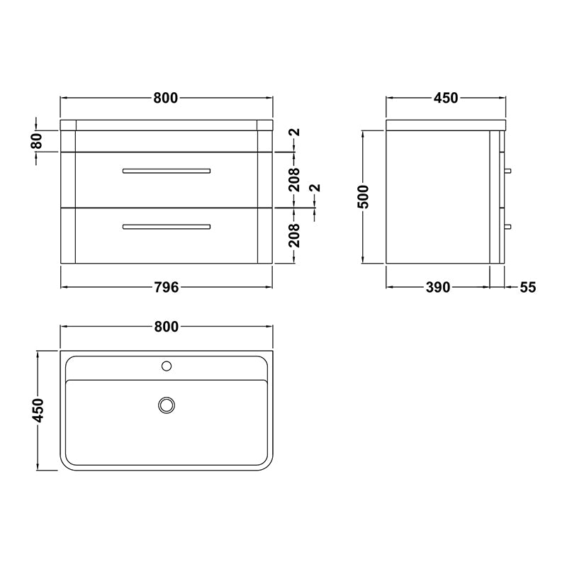 Hudson Reed Solar Wall Hung Double Drawer 800mm Vanity Unit with Polymarble Basin (1 size, 4 colours) - Brand New Bathrooms