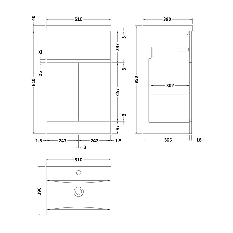 Hudson Reed Urban Floor Standing Double Door/Single Drawer 500mm Unit and Mid-Edge Basin (1 size, 5 colours) - Brand New Bathrooms