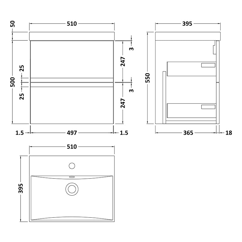 Hudson Reed Wall Hung Double Drawer 500mm Vanity Unit & Thin-Edge Ceramic Basin (1 size, 5 colours) - Brand New Bathrooms
