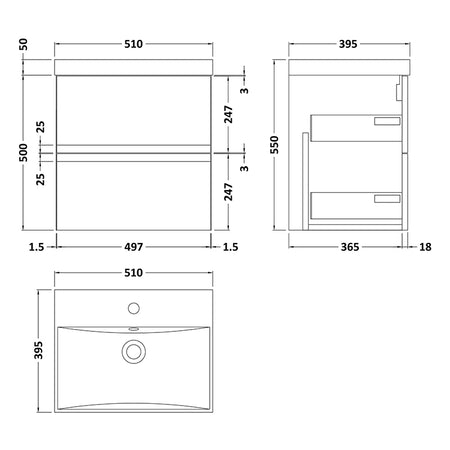 Hudson Reed Wall Hung Double Drawer 500mm Vanity Unit & Thin-Edge Ceramic Basin (1 size, 5 colours) - Brand New Bathrooms