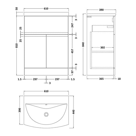 Hudson Reed Urban Floor Standing Double Door Single Drawer 600mm Vanity Unit with Curved Ceramic Basin (1 size, 5 colours) - Brand New Bathrooms