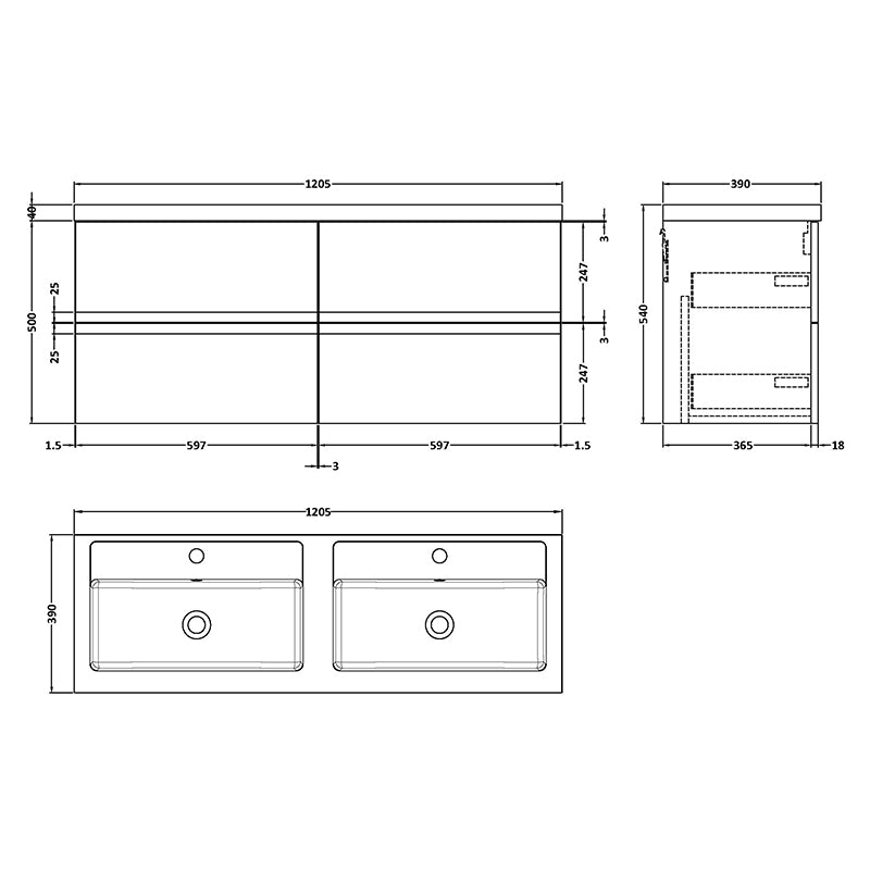 Hudson Reed Urban Wall Hung Four Drawer 1200mm Vanity & Double Polymarble Basin (1 size, 5 colours) - Brand New Bathrooms