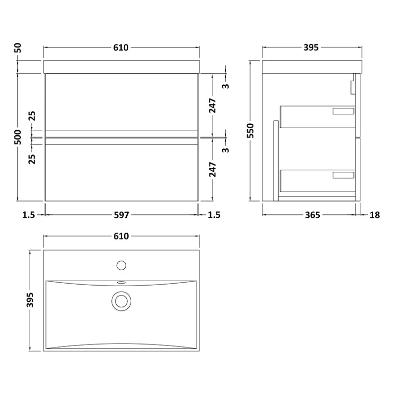 Hudson Reed Urban Wall Hung Double Drawer 600mm Vanity Unit & Thin-Edge Ceramic Basin (1 size, 5 colours) - Brand New Bathrooms