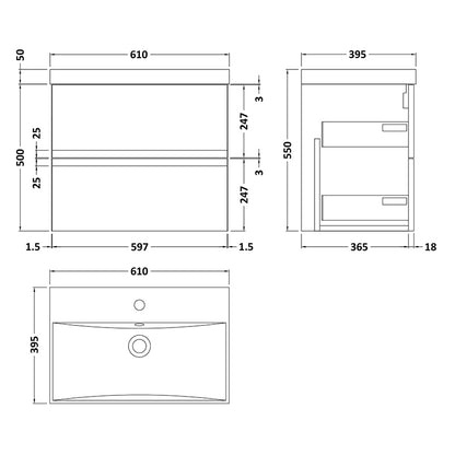 Hudson Reed Urban Wall Hung Double Drawer 600mm Vanity Unit & Thin-Edge Ceramic Basin (1 size, 5 colours) - Brand New Bathrooms