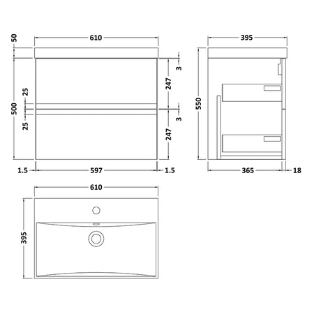 Hudson Reed Urban Wall Hung Double Drawer 600mm Vanity Unit & Thin-Edge Ceramic Basin (1 size, 5 colours) - Brand New Bathrooms
