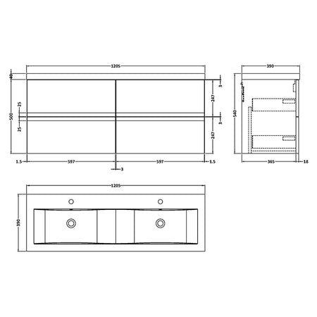 Hudson Reed Urban Wall Hung Four Drawer 1200mm Vanity & Double Polymarble Basin (1 size, 5 colours) - Brand New Bathrooms